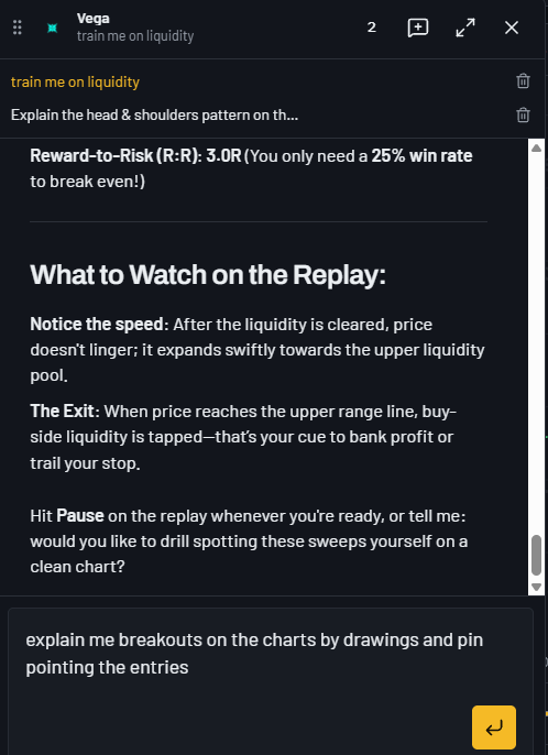Vega chat listing reward-to-risk and what to watch during the replay